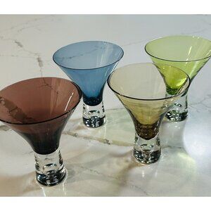 Set Of 4 Bubble Bottom Martini Cocktail Glasses 4 Different Colors Unique 4.25”